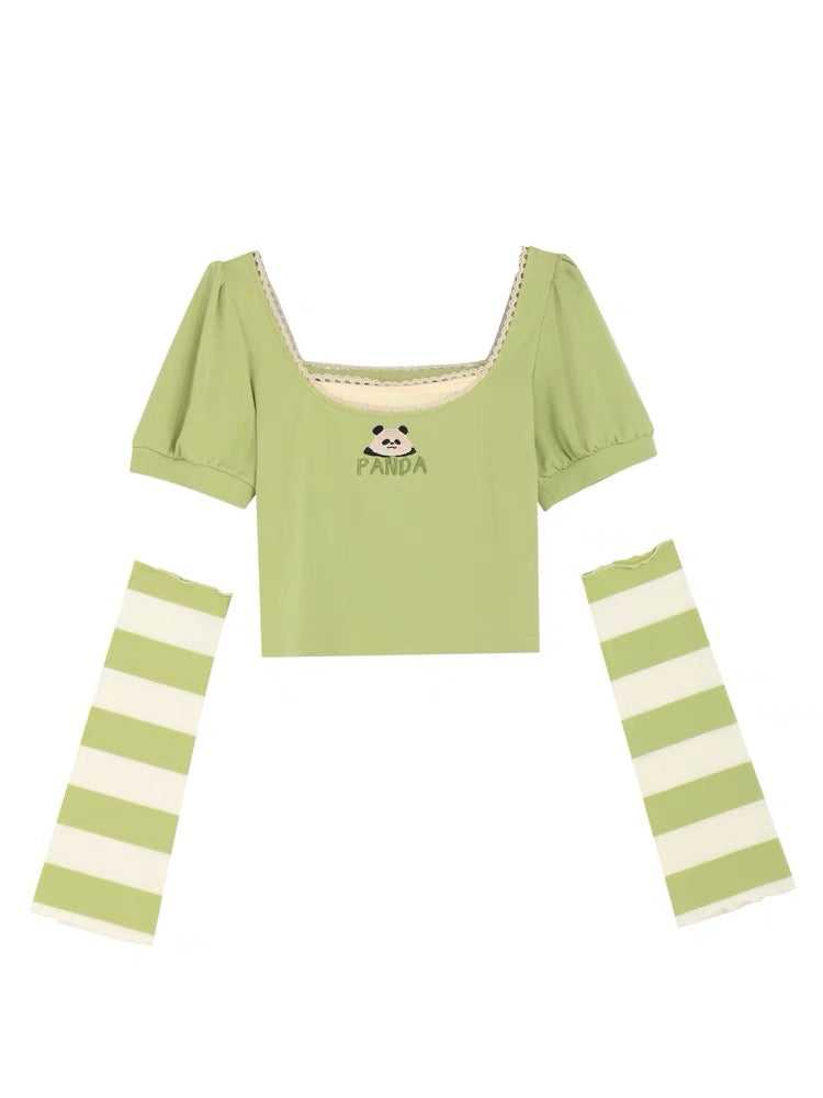 Papi Panda Crop Top with Detachable Stripe Sleeves-ntbhshop
