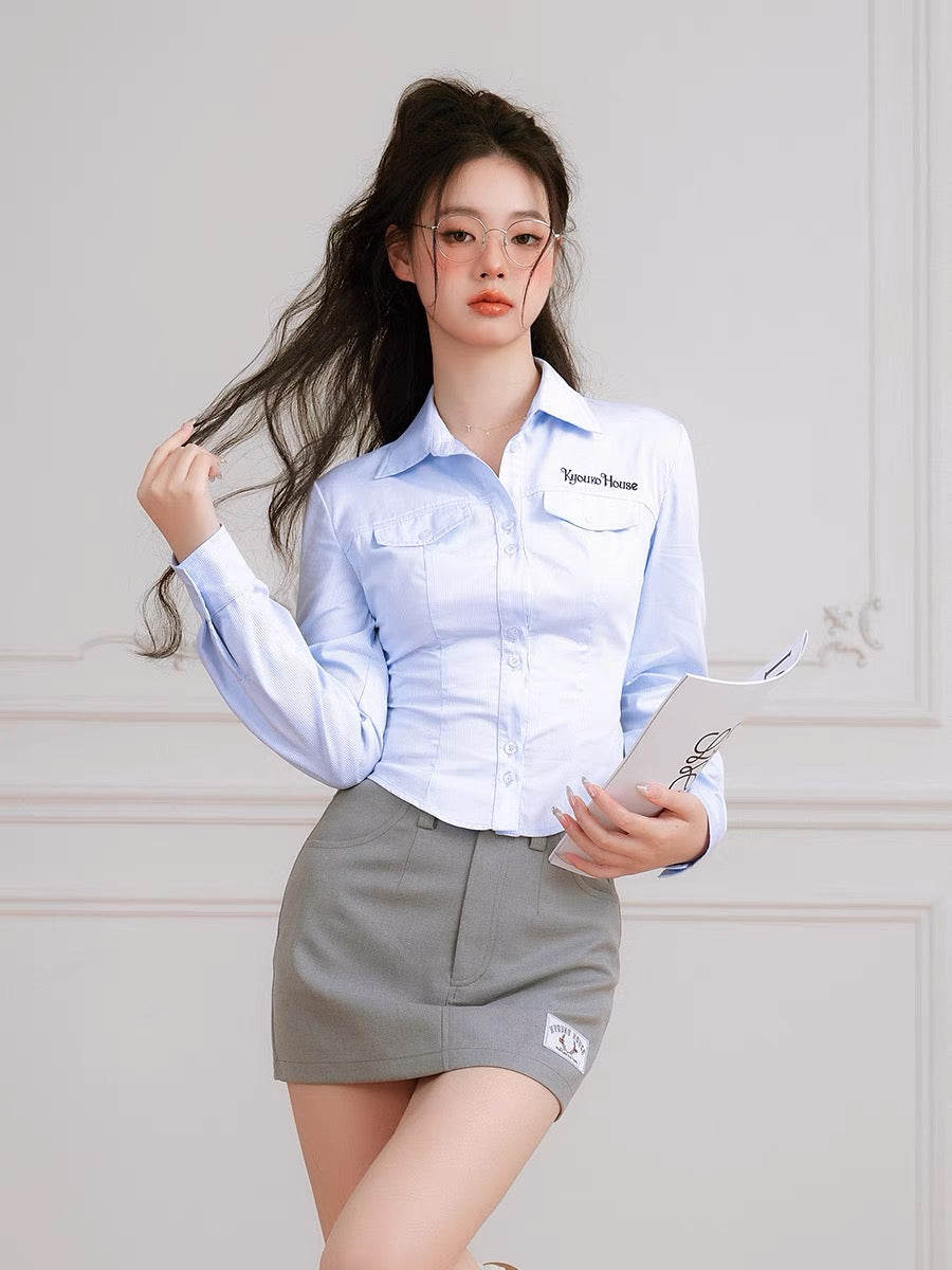 Korean Preppy Style Blue Striped Shirt Crop Top-ntbhshop