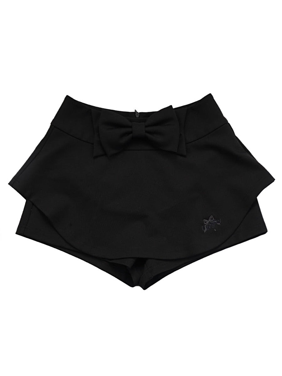 Balletcore Style Black Knit Mini Skorts with Bow Knot-ntbhshop