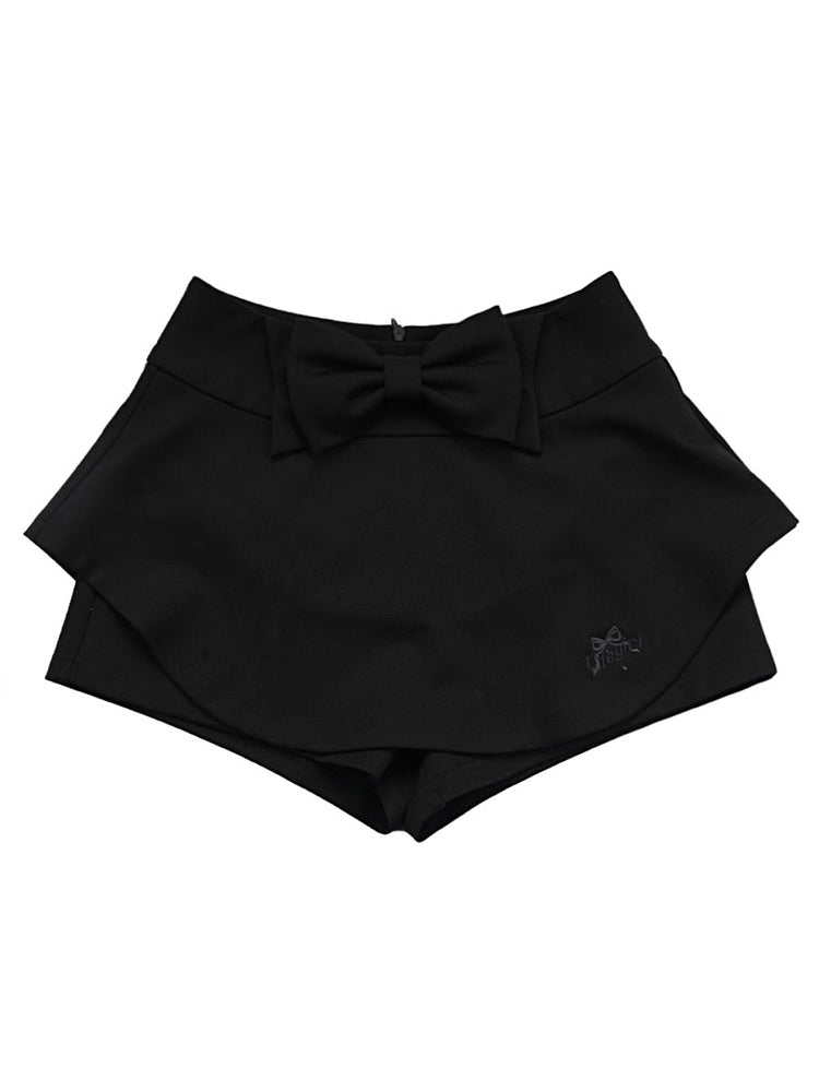 Balletcore Style Black Knit Mini Skorts with Bow Knot-ntbhshop