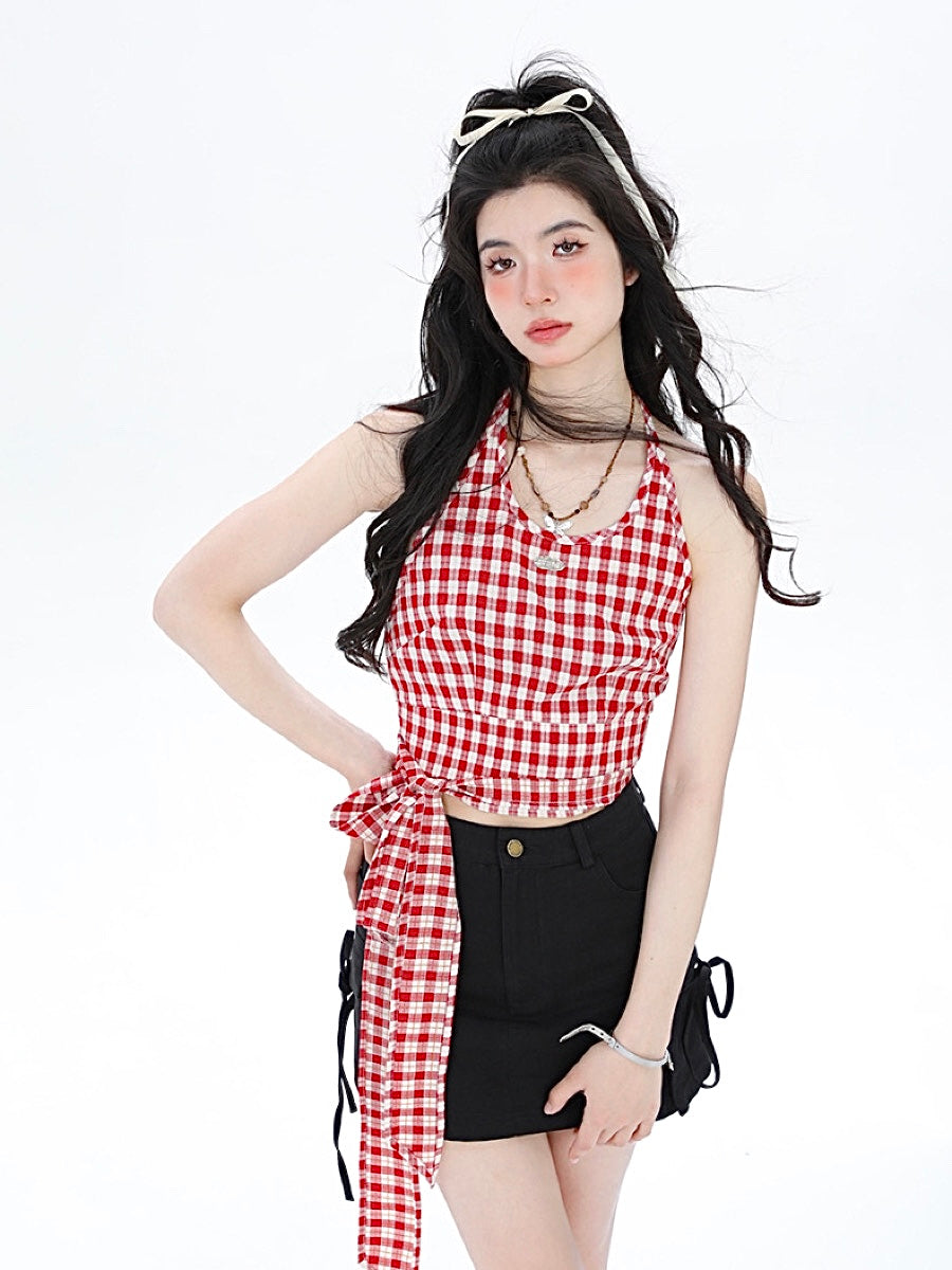 French Sweet Plaid Strap Suspenders Tops-ntbhshop