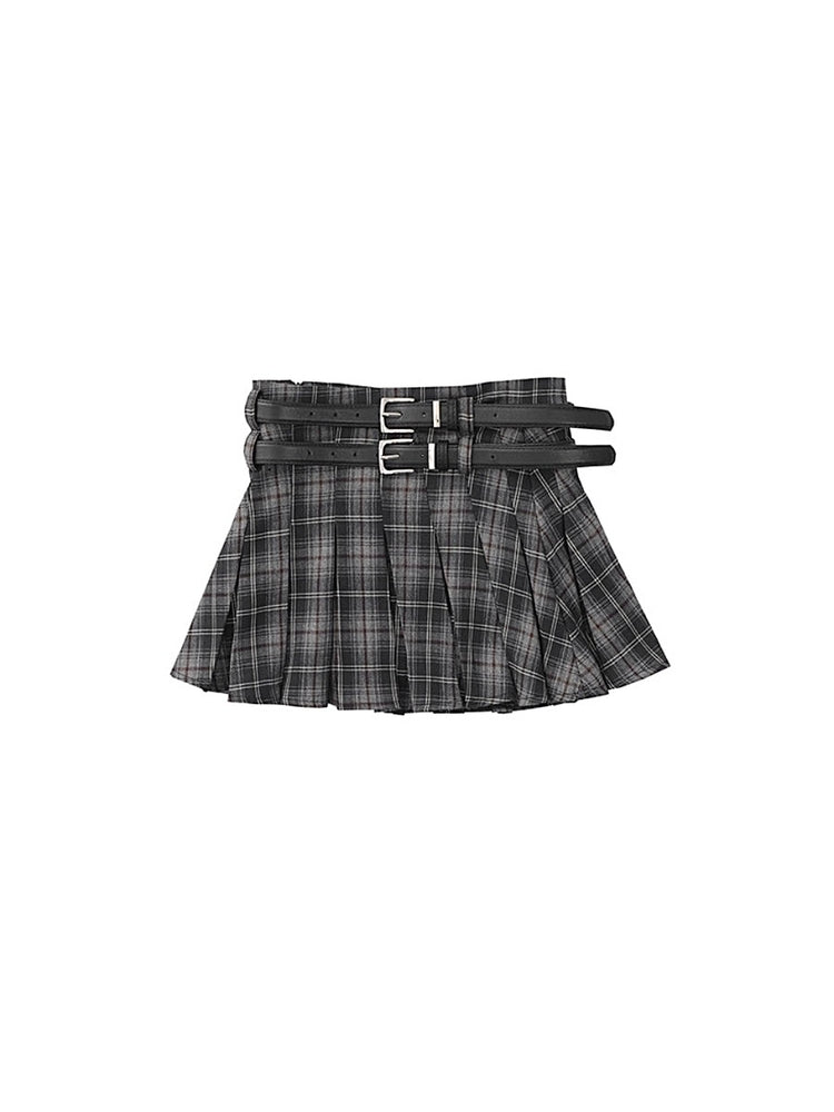 American Retro Sweetheart Pleated Plaid Double Belt A-Line Skirts-ntbhshop