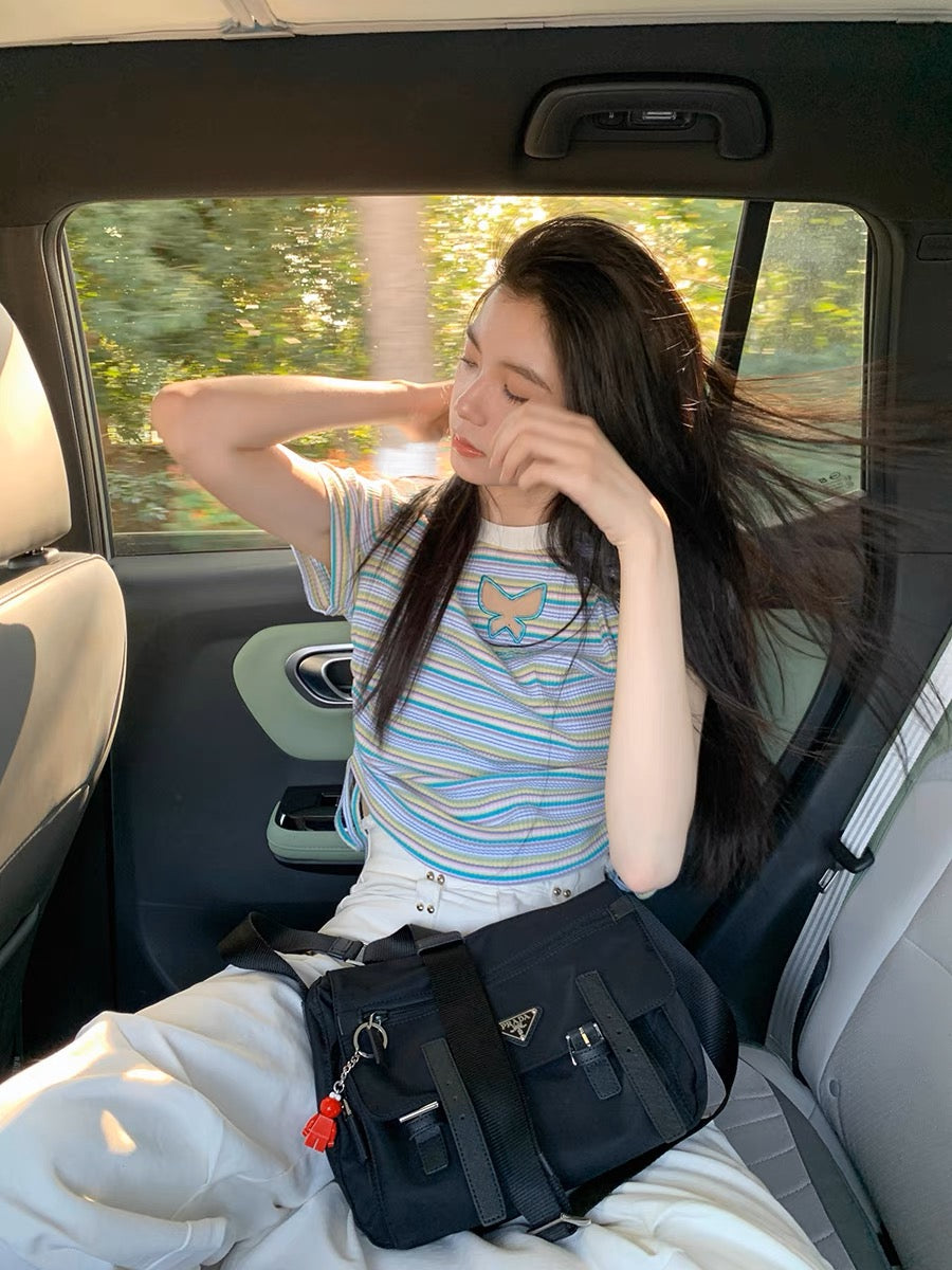 New Hollow Butterfly Striped Short Sleeve Tops-ntbhshop