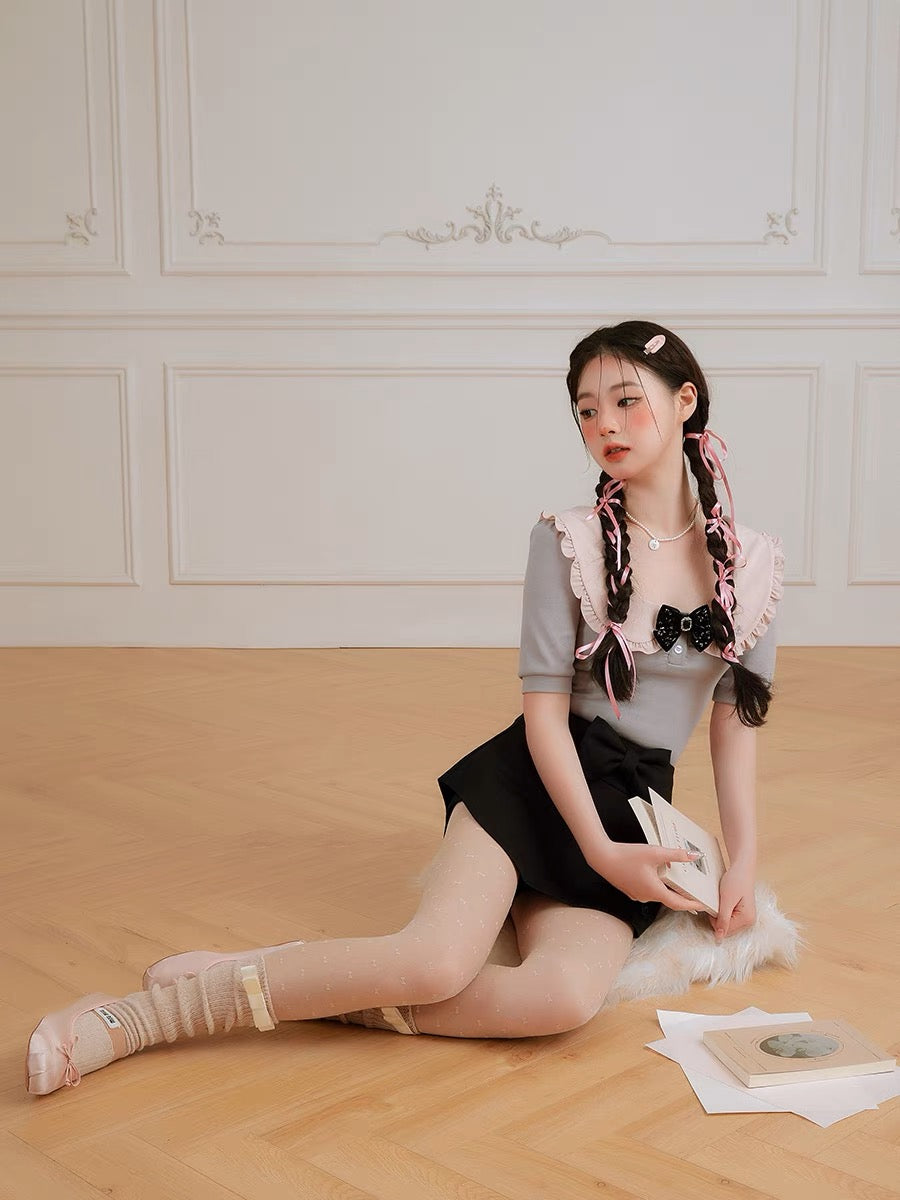 Balletcore Style Black Knit Mini Skorts with Bow Knot-ntbhshop