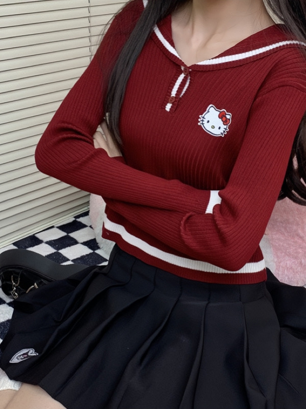 Sweet and Spicy Hello Kitty Cat Navy Collar Cropped Sweater-ntbhshop