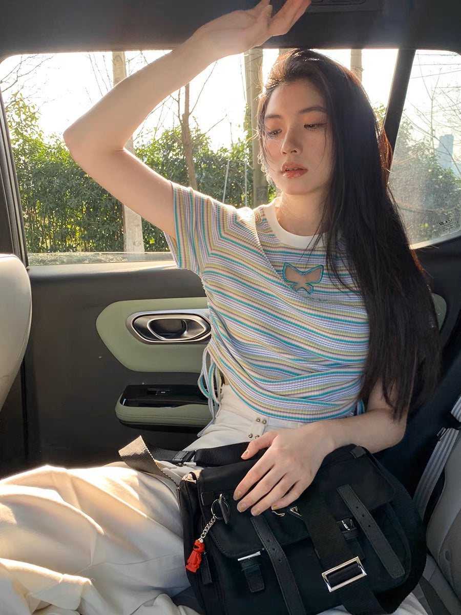New Hollow Butterfly Striped Short Sleeve Tops-ntbhshop