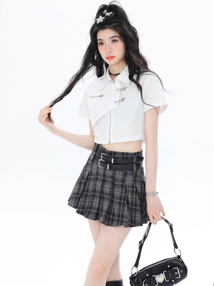 American Retro Sweetheart Pleated Plaid Double Belt A-Line Skirts-ntbhshop