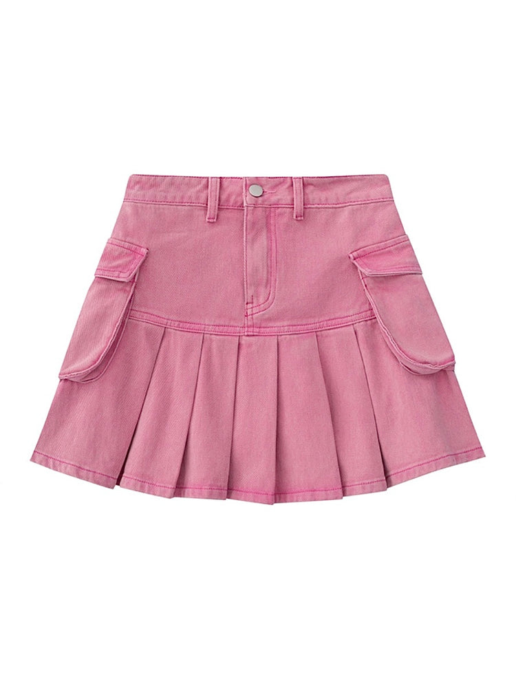 Retro Tooling Denim Pleated Skirts-ntbhshop