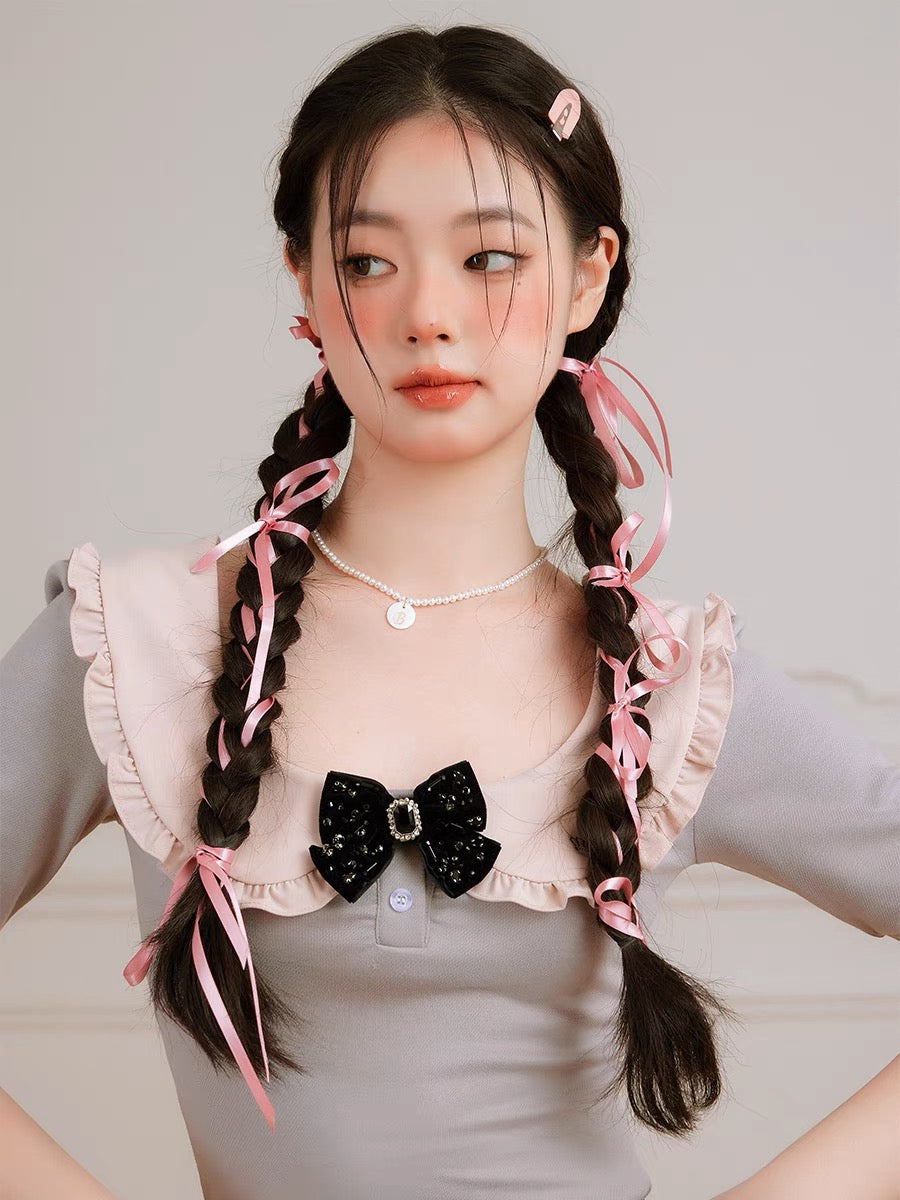 Balletcore Style Slim Crop Top with Ruffle Doll Collar-ntbhshop
