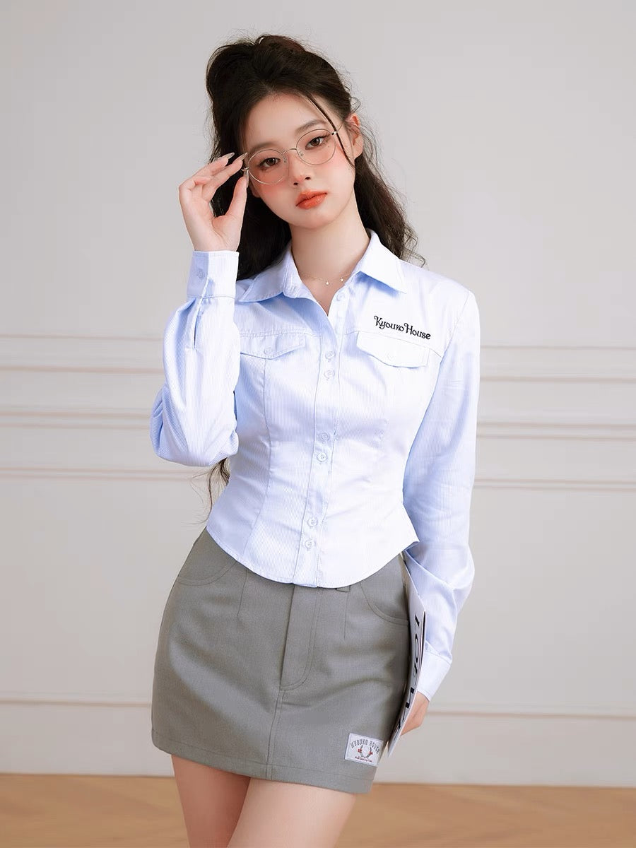 Korean Preppy Style Blue Striped Shirt Crop Top-ntbhshop