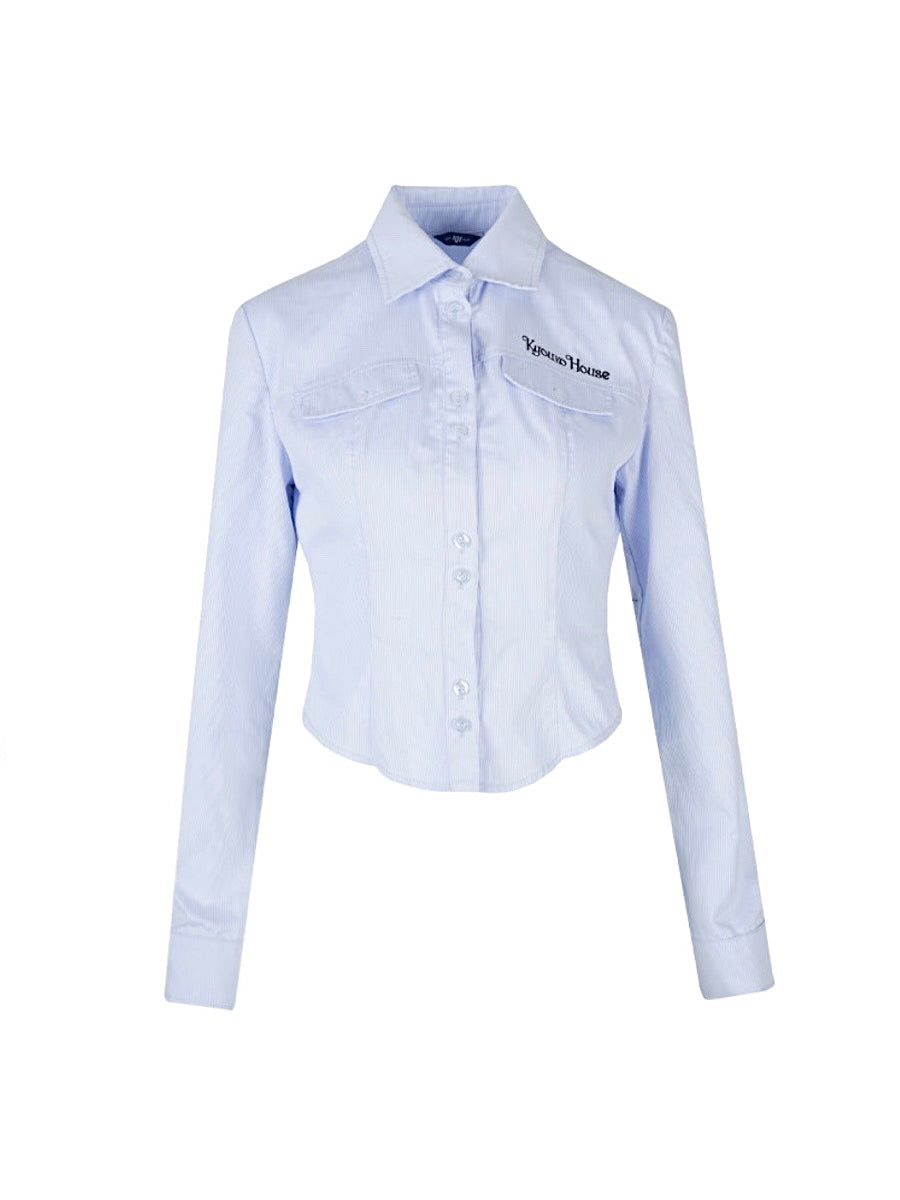 Korean Preppy Style Blue Striped Shirt Crop Top-ntbhshop