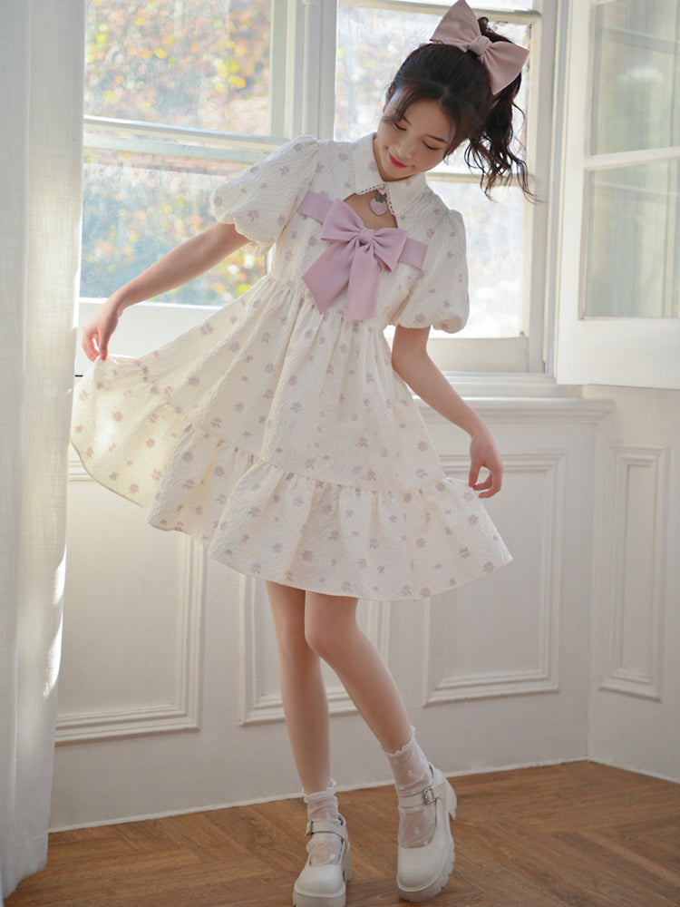 Strawberry Princess Puff Sleeve Textured Dress-ntbhshop