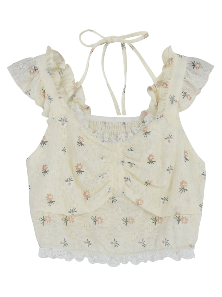 Femme Floral Print Crop Top with Ruffle Trim-ntbhshop