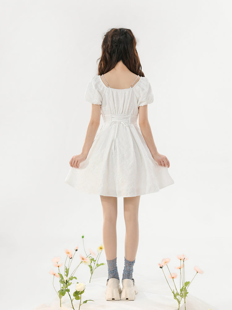 Pearl Heart Puff Sleeve Textured Dress-ntbhshop