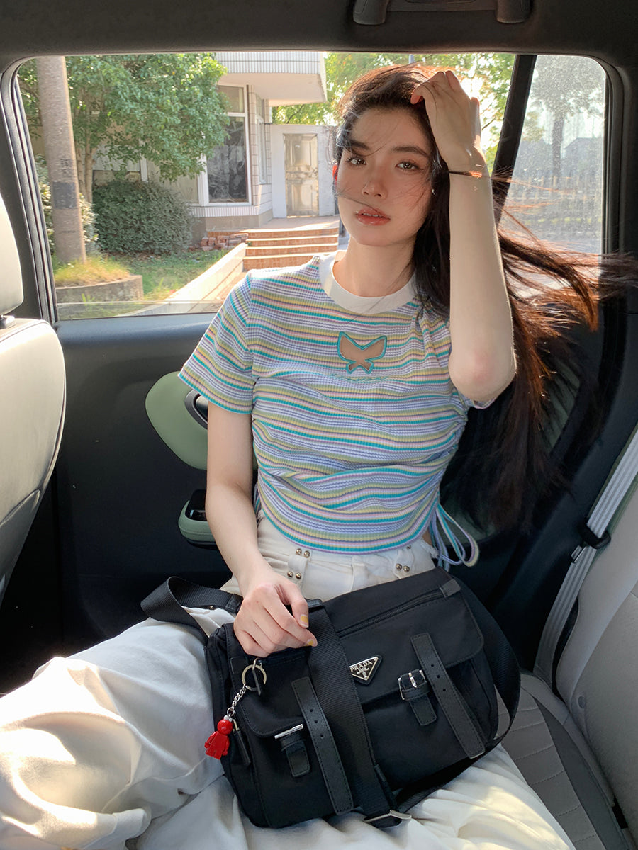 New Hollow Butterfly Striped Short Sleeve Tops-ntbhshop