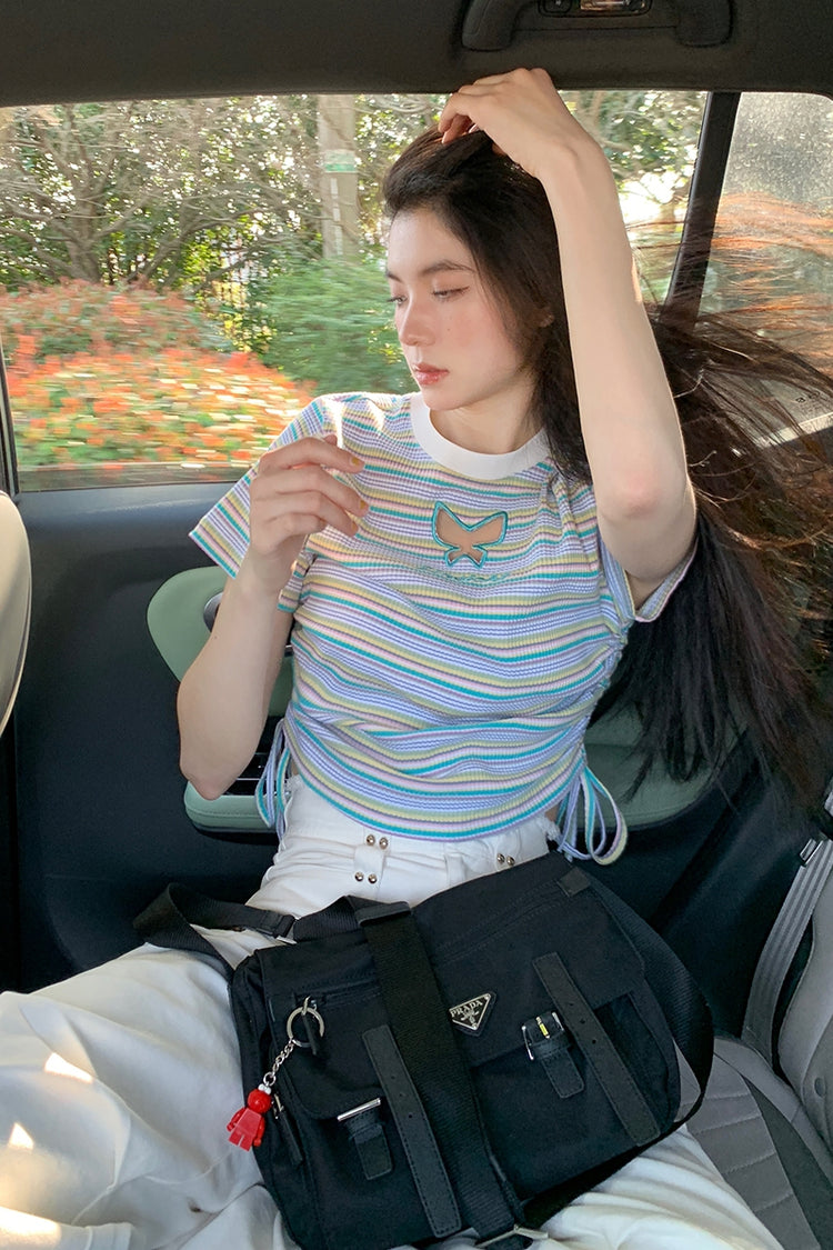 New Hollow Butterfly Striped Short Sleeve Tops-ntbhshop