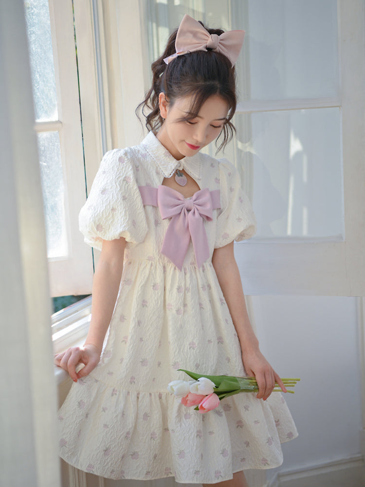Strawberry Princess Puff Sleeve Textured Dress-ntbhshop