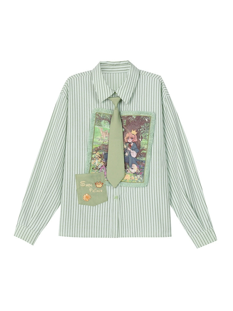 Forest Prince Healing Oil Painting Boyfriend Stripe Shirt with Tie-ntbhshop