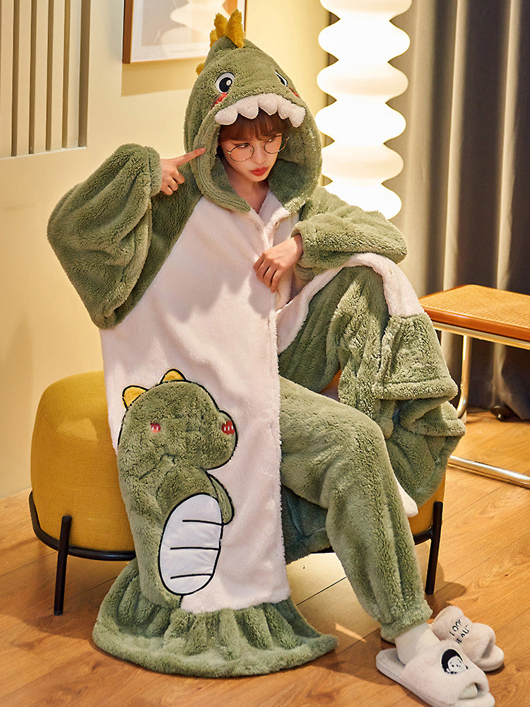 Green Dinosaur Cozy Dreamy Winter Fleece Pajama Set-ntbhshop