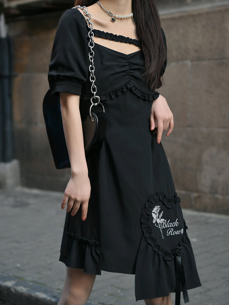 Black Rose Puff Sleeve Irregular Dress-ntbhshop
