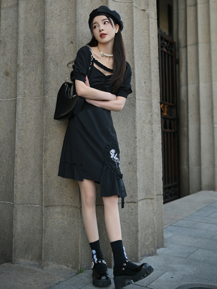 Black Rose Puff Sleeve Irregular Dress-ntbhshop