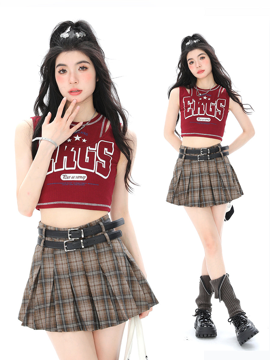 American Retro Sweetheart Pleated Plaid Double Belt A-Line Skirts-ntbhshop