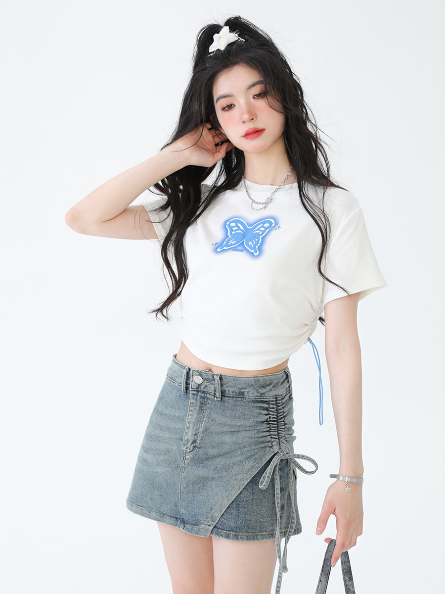 Butterfly Crop Drawstring Short Sleeve Tops-ntbhshop