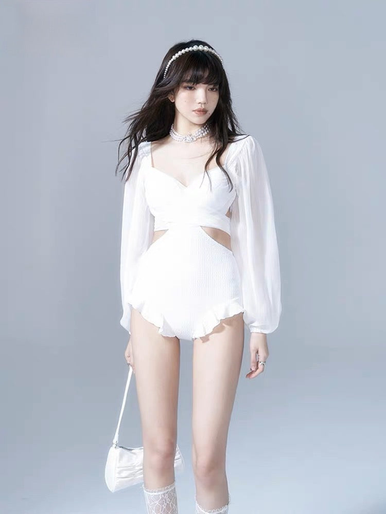 Noir et Blanc Puff Sleeve Split Swimsuits-ntbhshop