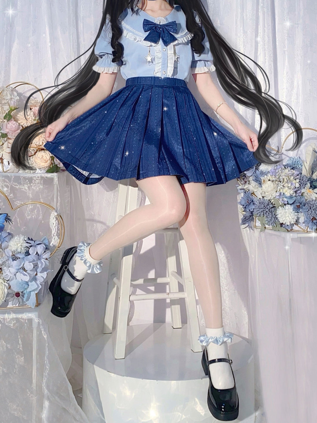 Stardust Floral Print JK Uniform Skirts-Sets-ntbhshop