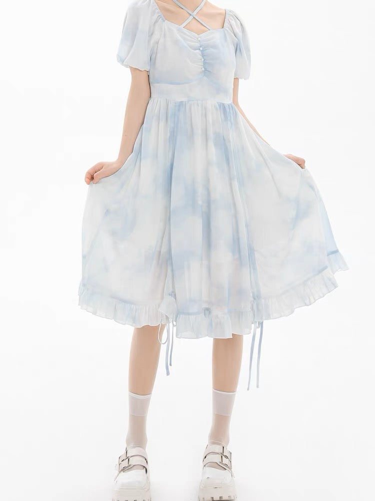 Head in the Cloud Puff Sleeve Halter Neck Dress-ntbhshop