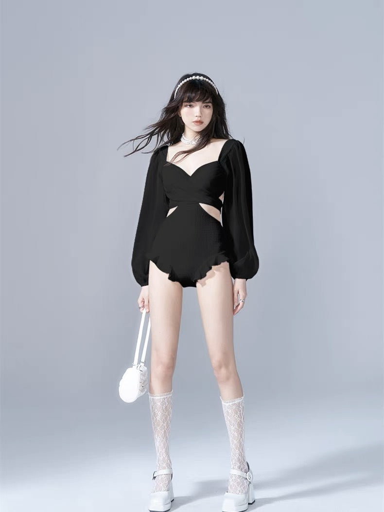 Noir et Blanc Puff Sleeve Split Swimsuits-ntbhshop