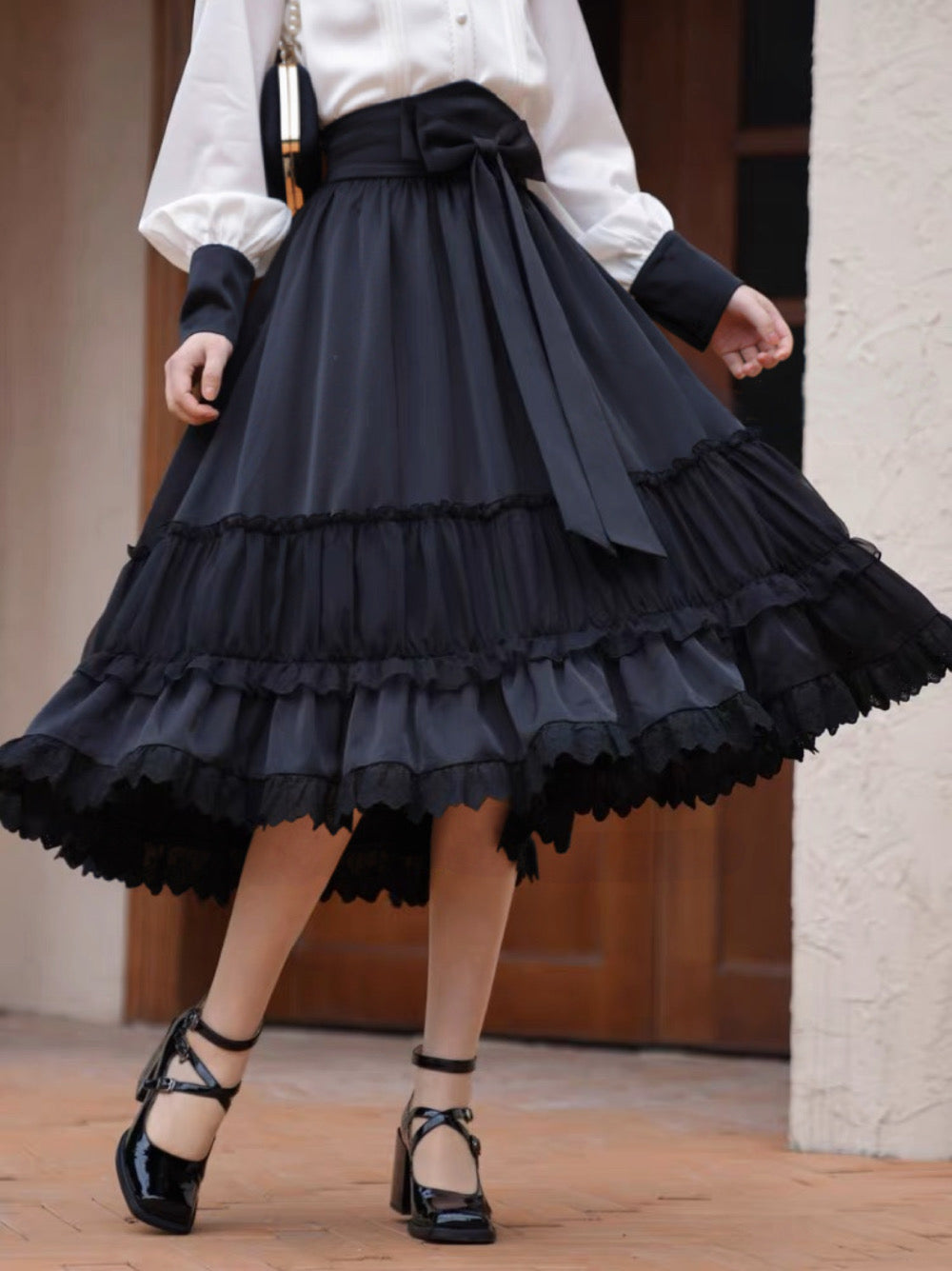 Adeline High Neck Lace Blouse & Bow Midi Skirt-ntbhshop