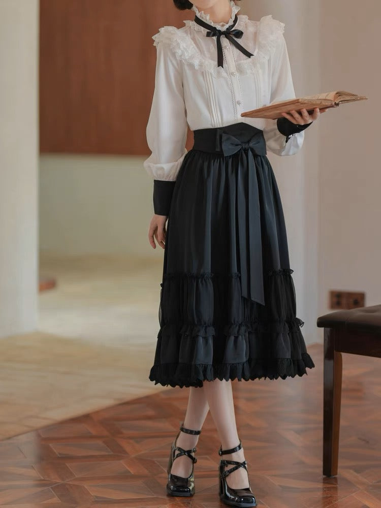 Adeline High Neck Lace Blouse & Bow Midi Skirt-ntbhshop