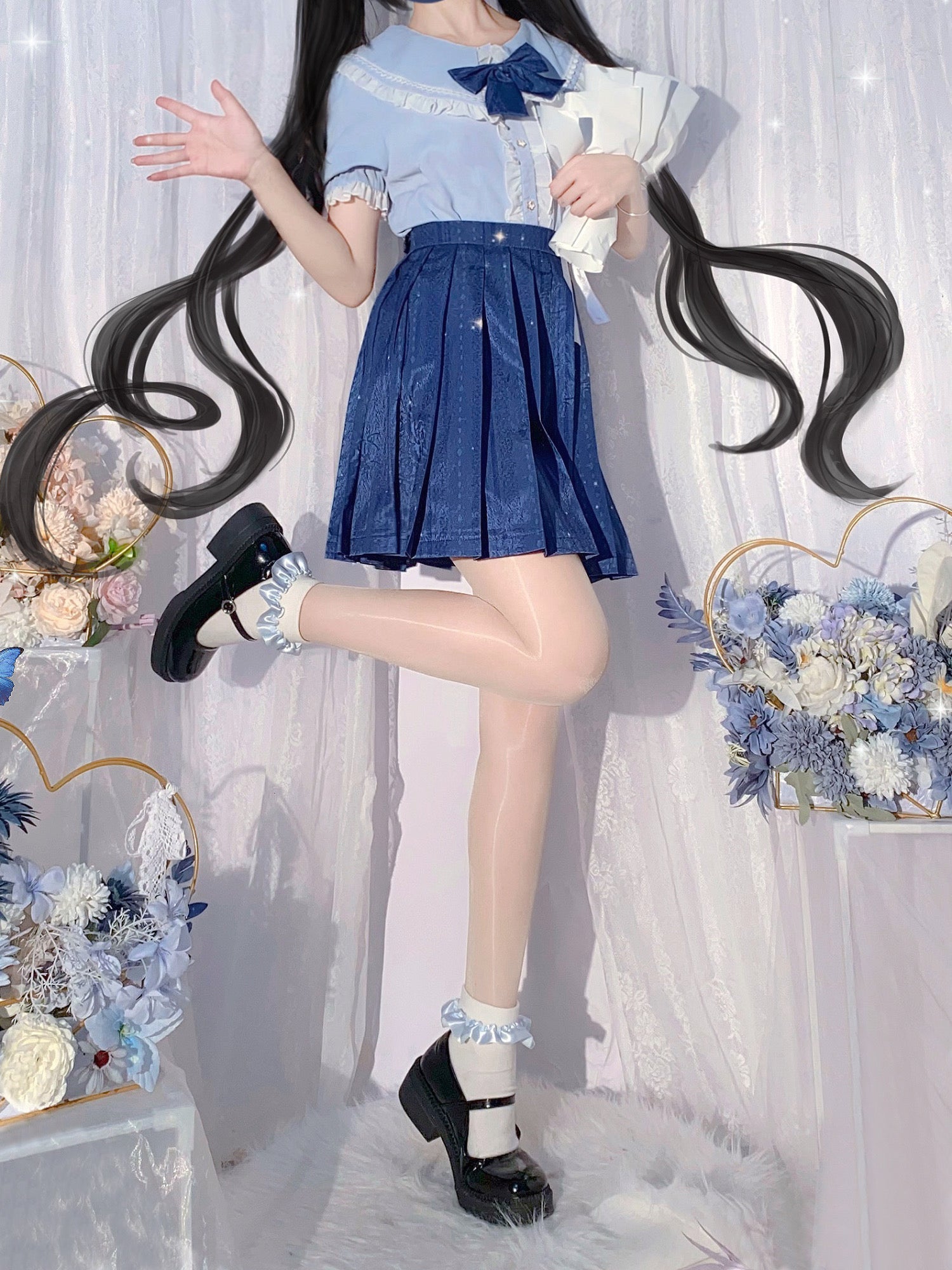 Stardust Floral Print JK Uniform Skirts-Sets-ntbhshop