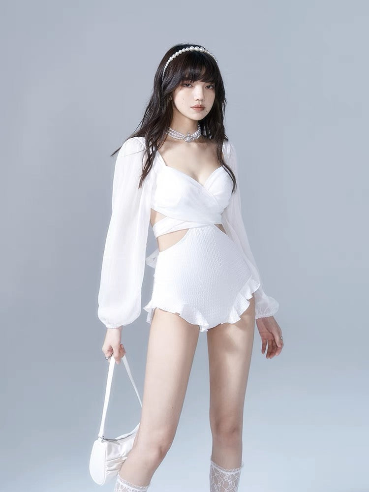 Noir et Blanc Puff Sleeve Split Swimsuits-ntbhshop